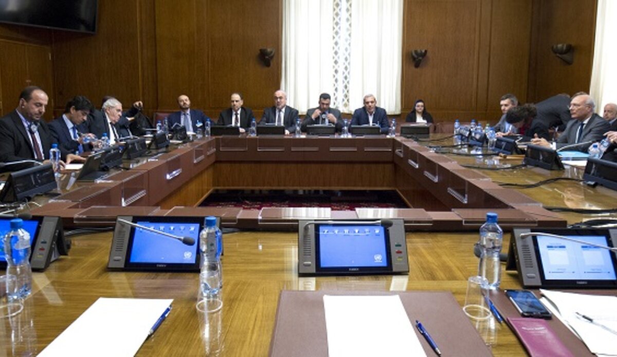 Staffan de Mistura, United Nations Special Envoy for Syria attends a bilateral meeting with Nasser Al Hariri, Representative of the High Negotiations Committee of the Syrian Opposition during Intra-Syrian talks, Geneva. 18 May 2017. 